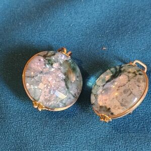 Gold-Tone Green and Cream Stone Drop Earrings